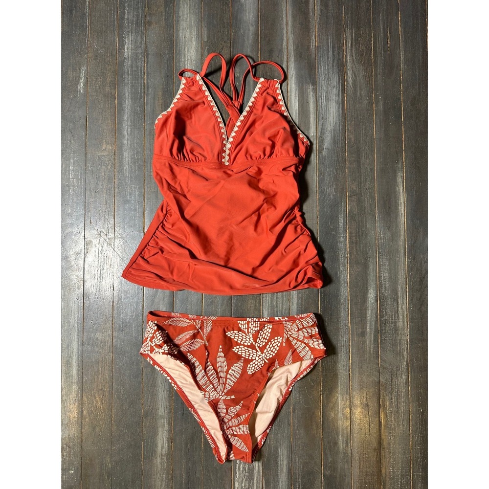 Bohoâ Rust Terracotta Tankini Set Crochet Trim Tropical Leaf Print Swimsuit